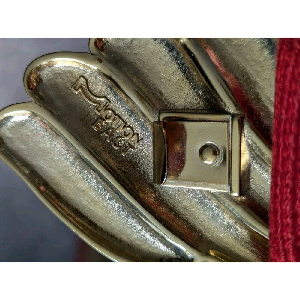 Vintage 80s Red Elastic Statement Belt Goldtone Shiny Shell Buckle Wide Stretch